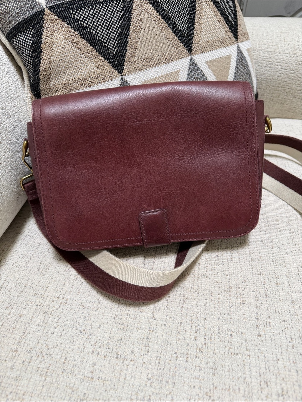 Madewell Burgundy Leather Crossbody with Striped Strap